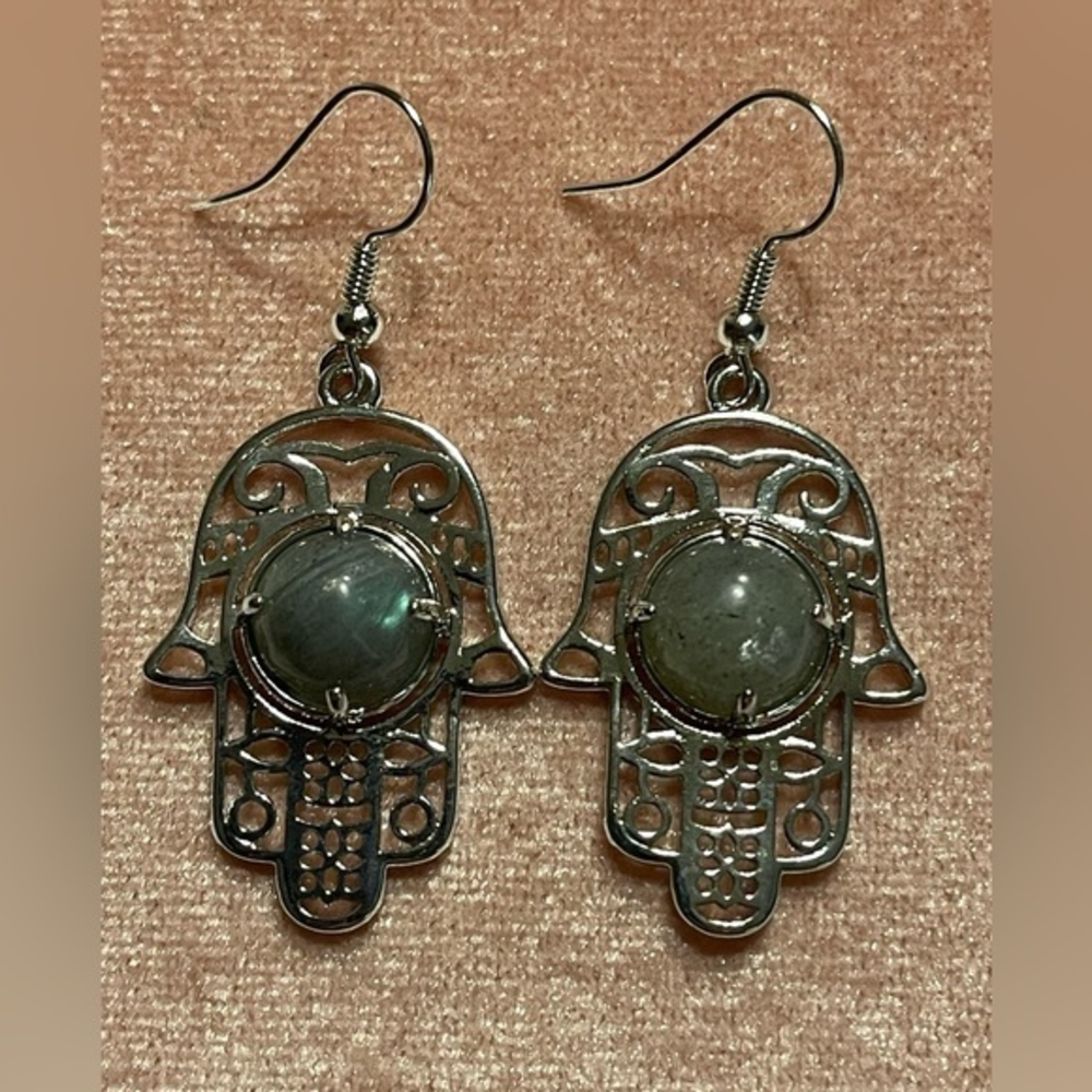 Hamsa Earrings with Labradorite‎